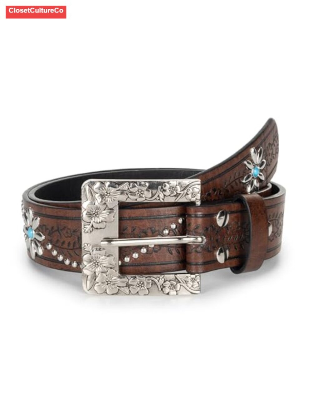 Western Cowboy Belt Leather Embossed Floral Metal Buckle Jeans